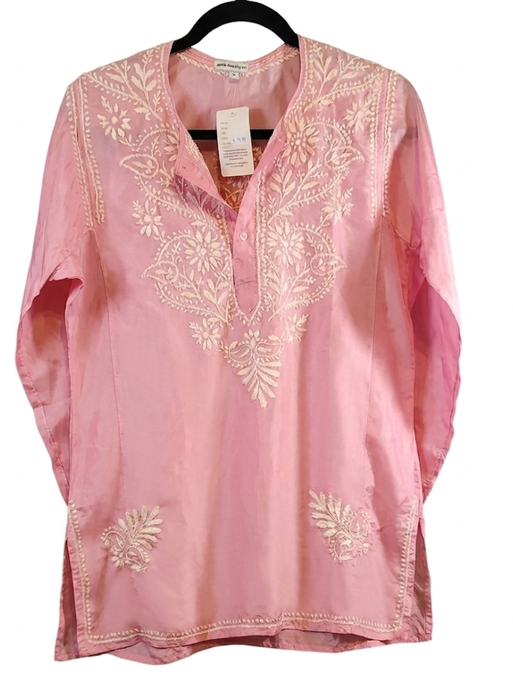 Embroidered Pink Cotton Tunic Blouse - Unbranded